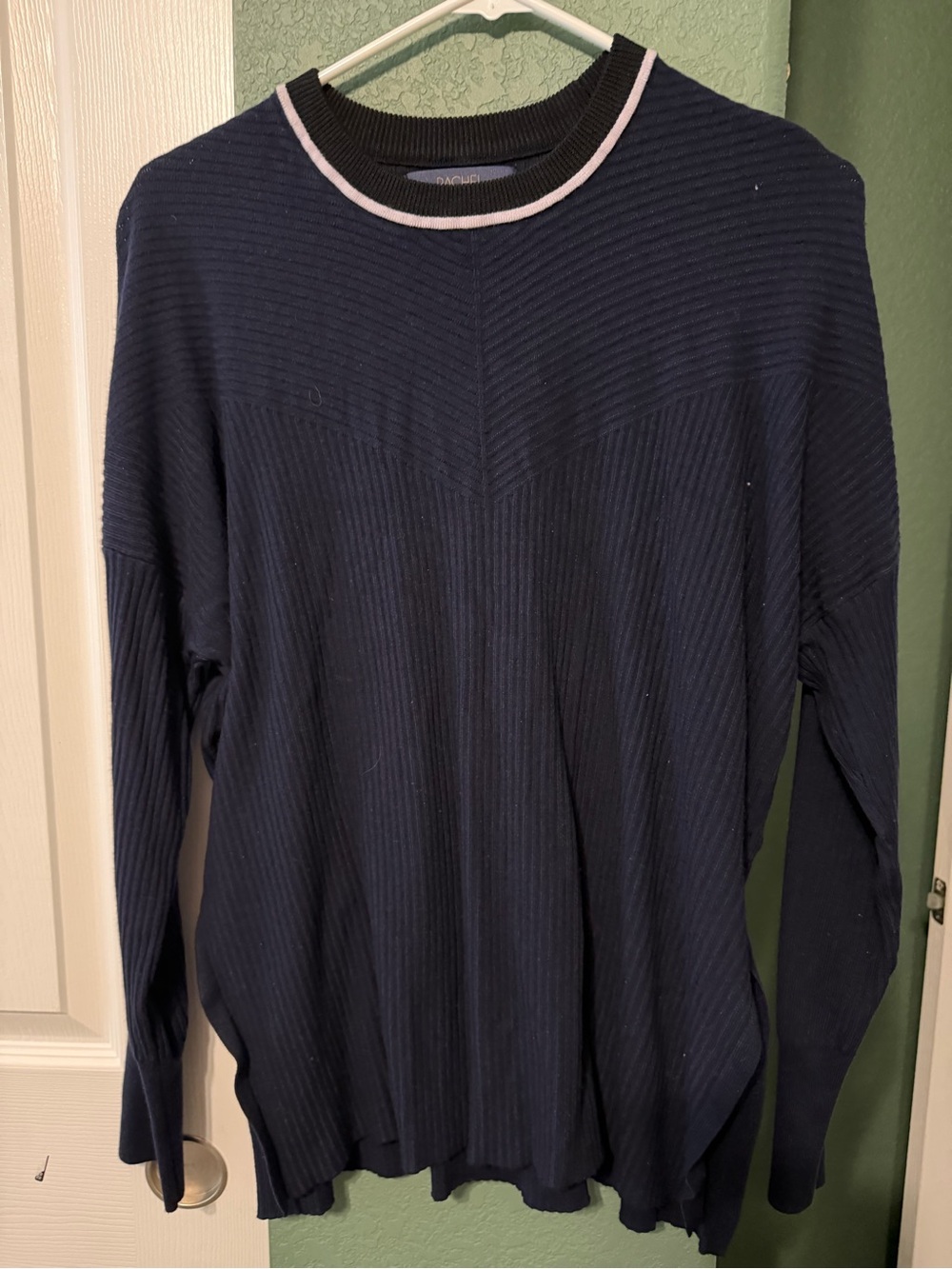 RACHEL Rachel Roy Navy Knit Crewneck Sweater with Pink Trim